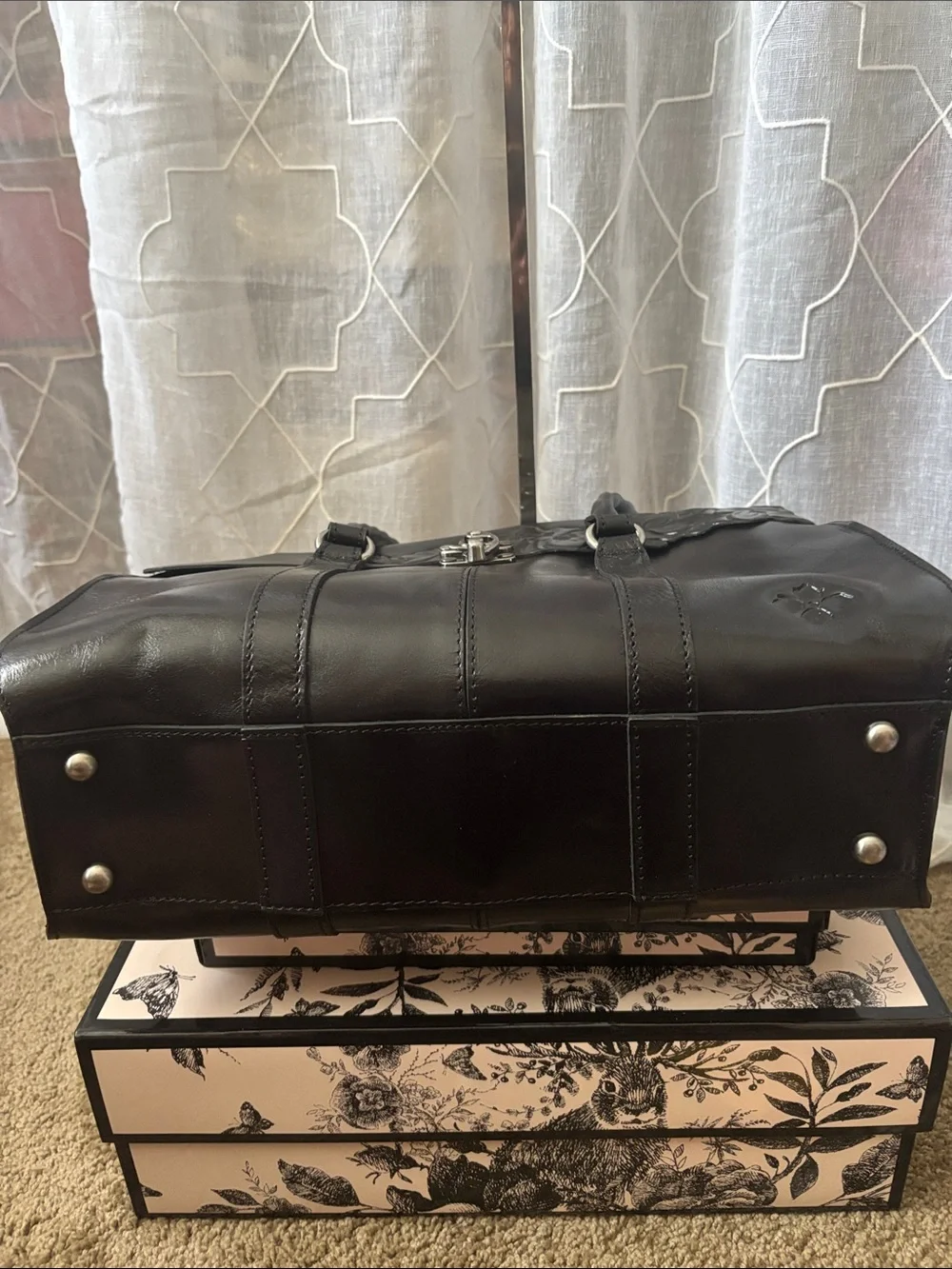 Patricia Nash Vienna Black Floral Embossed Leather Satchel